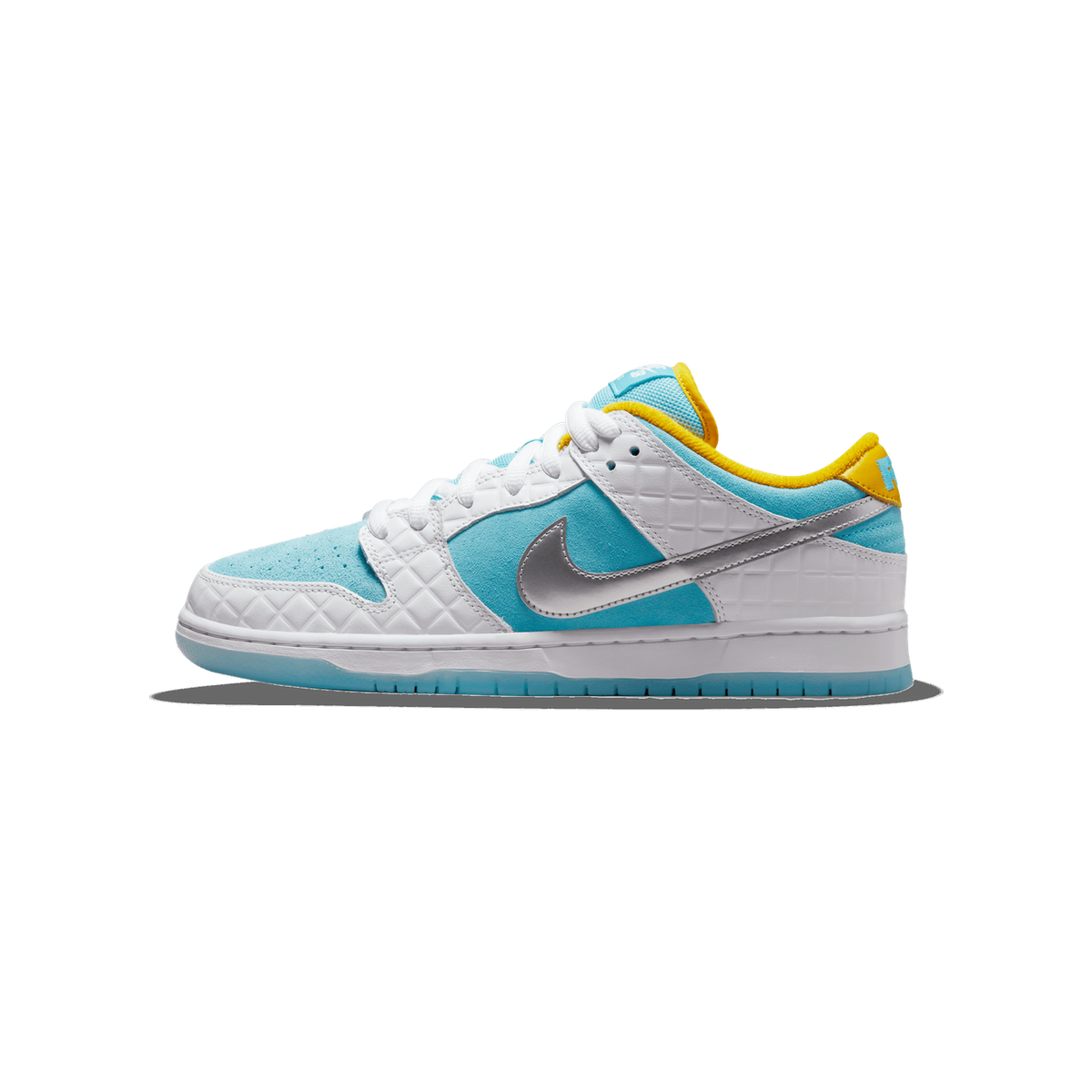 Side profile of a white and light blue Nike SB Dunk Low sneaker with a silver Swoosh, yellow heel tab and collar lining, and a light blue translucent outsole, toe pointing left.