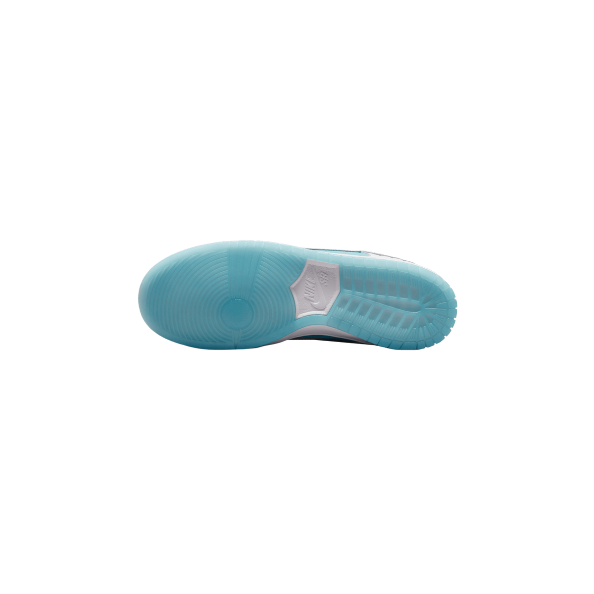 Underside of a single Nike SB Dunk Low shoe showing the full outsole in translucent light blue, with a white Nike SB logo patch on the heel area and a white rim near the toe.
