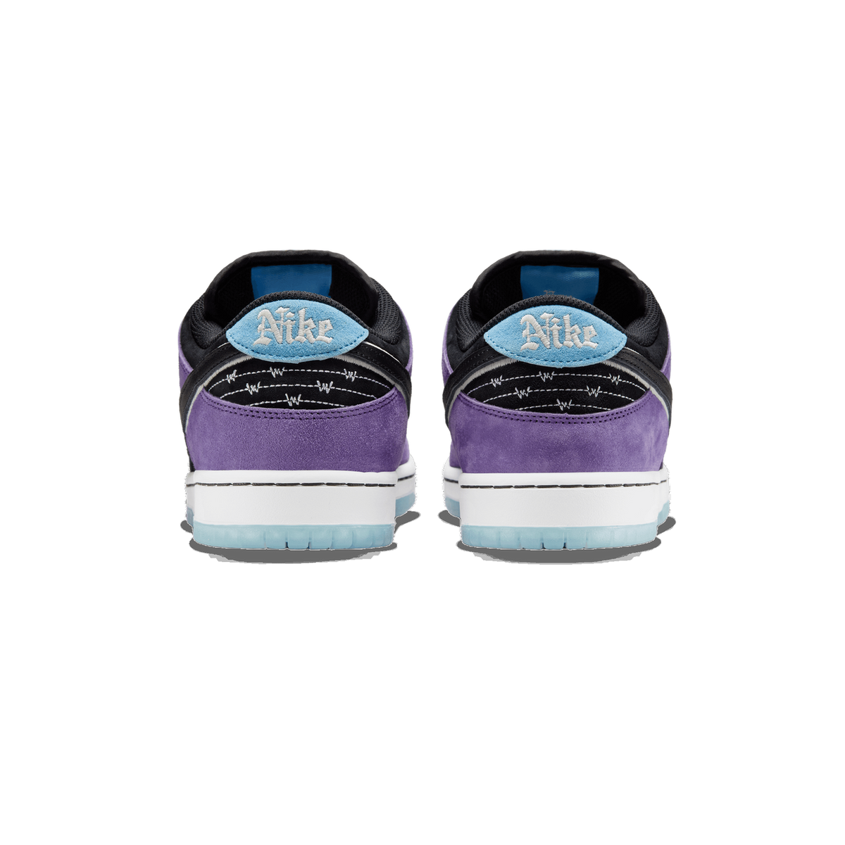 Rear view of a pair of black and purple suede Nike SB Dunk Low sneakers with blue gothic-font Nike heel tabs and icy translucent outsoles