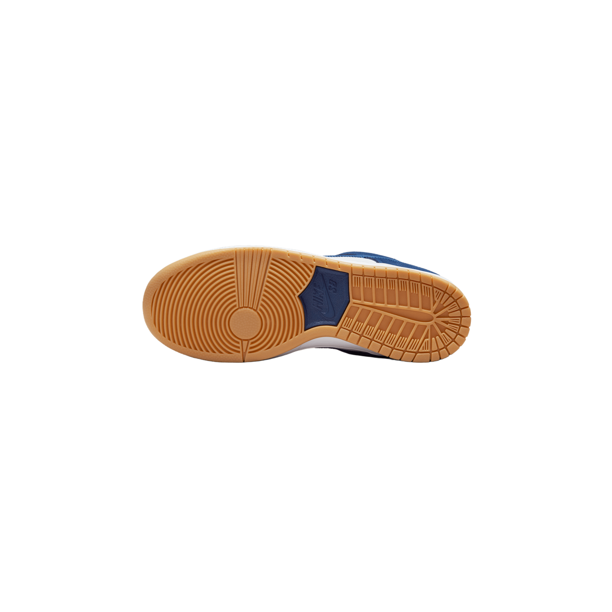 Bottom view of a Nike SB Dunk Low showing a gum rubber outsole with navy Nike SB heel logo and circular tread pattern