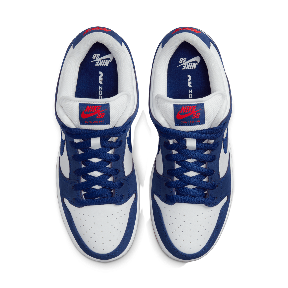 Top-down view of a pair of Nike SB Dunk Low sneakers in blue and white with red accents and Nike SB branded tongue tags.