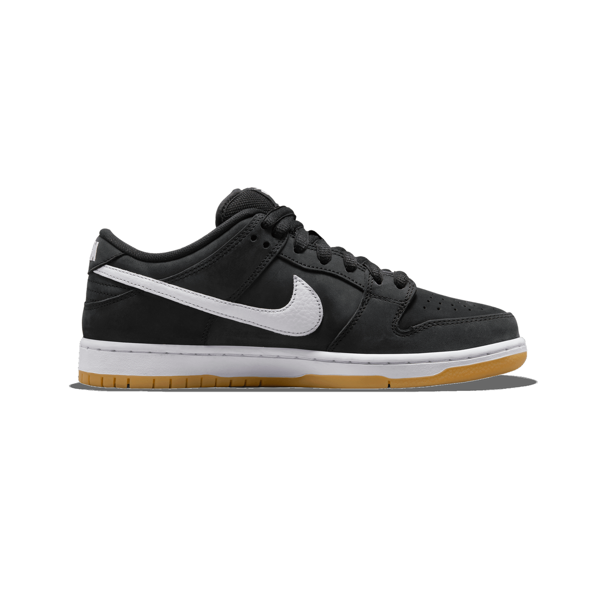 Side view of a black Nike SB Dunk Low sneaker with a white swoosh, white midsole, and gum rubber outsole, toe pointing left