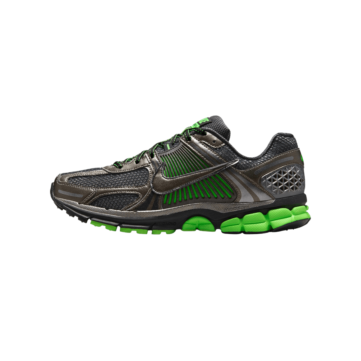 Side view of a black and pewter Nike Zoom Vomero 5 running shoe with bright green laces, midsole detailing, and outsole, toe pointing left
