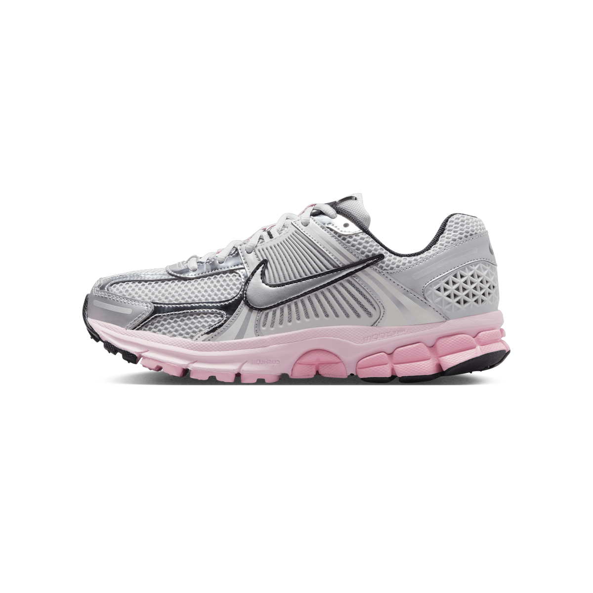 Left Nike Zoom Vomero 5 sneaker in grey and silver mesh with a pink Cushlon midsole, shown from the outer side with toe pointing left.