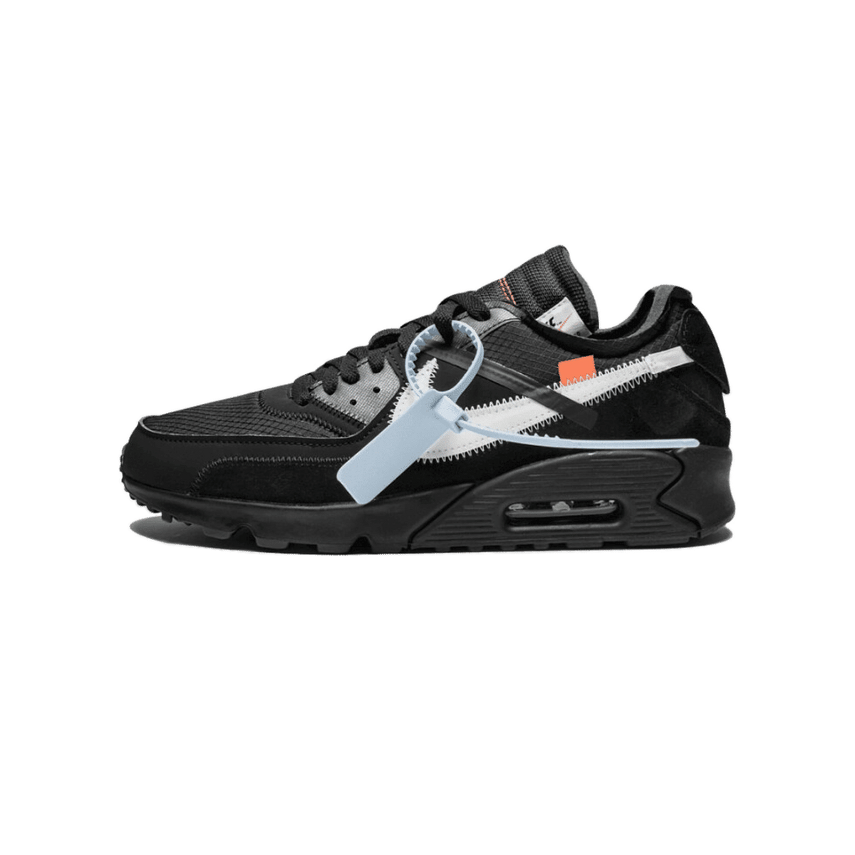 Black Nike Air Max 90 Off-White sneaker shown from the outside with toe pointing left, featuring a white zigzag swoosh overlay and a light blue zip-tie strap.