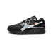 Black Nike Air Max 90 Off-White sneaker shown from the outside with toe pointing left, featuring a white zigzag swoosh overlay and a light blue zip-tie strap.