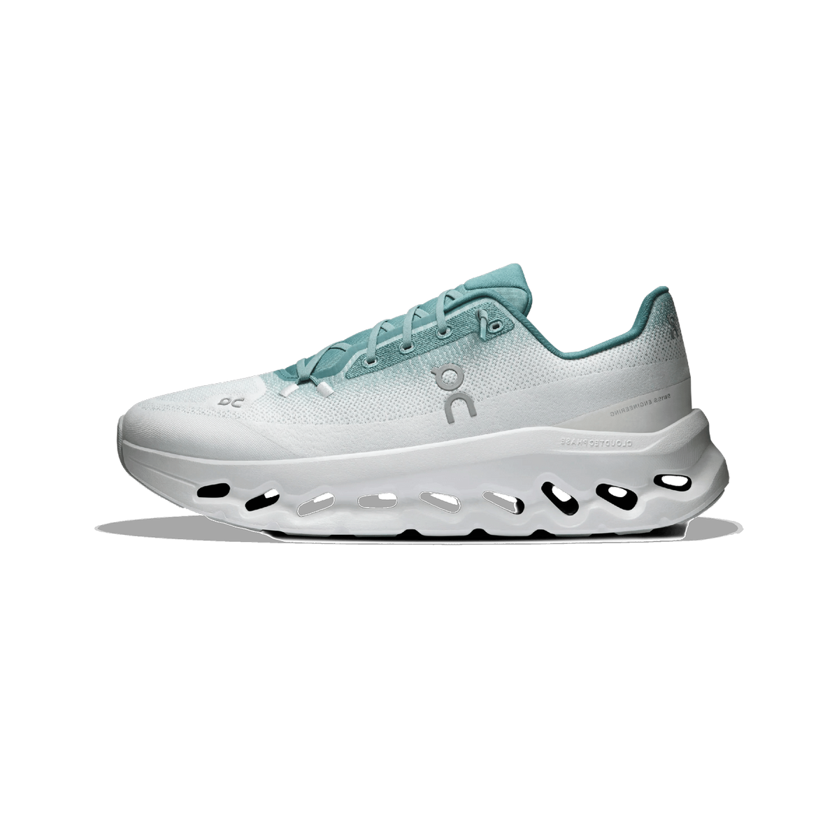 Lateral view of a white and teal On Cloudtilt running shoe with a perforated CloudTec foam midsole and On logo on the side.