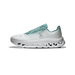 Lateral view of a white and teal On Cloudtilt running shoe with a perforated CloudTec foam midsole and On logo on the side.
