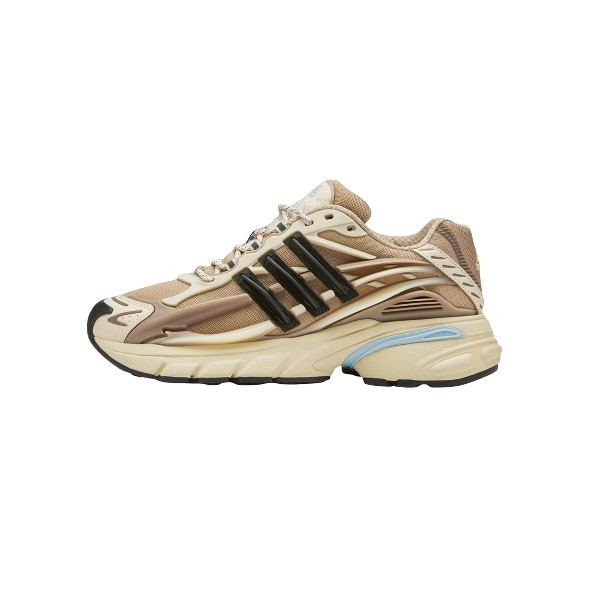 Side view of a beige and brown Adidas Adistar Jellyfish sneaker with black stripes, light blue midsole accents, and a chunky cream outsole.
