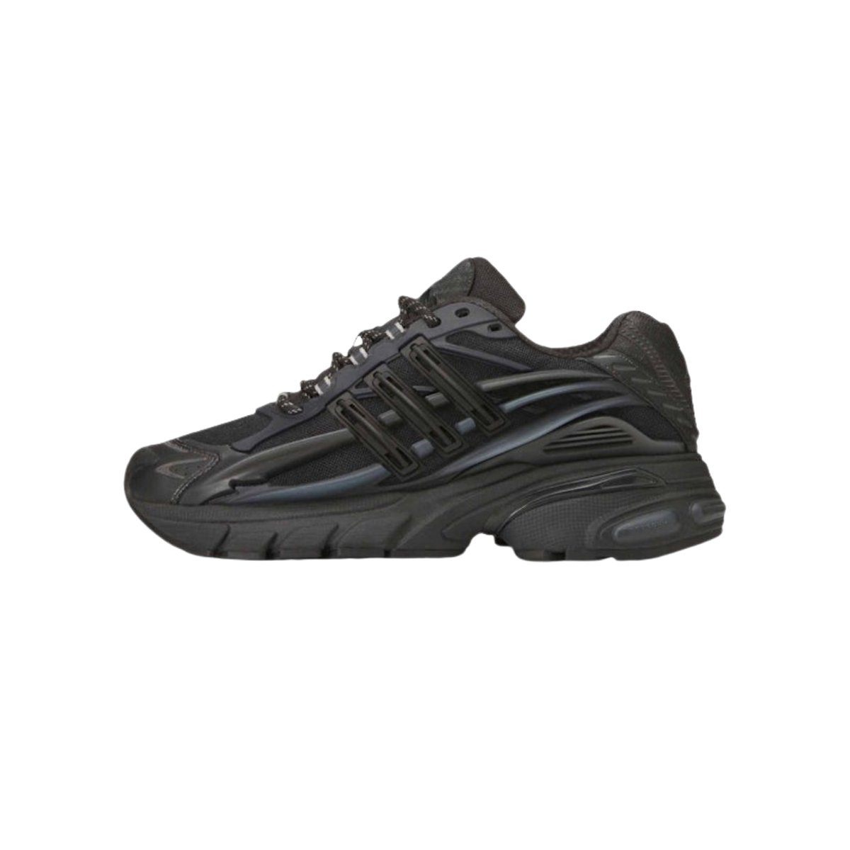 Side view of an all-black chunky sneaker with layered mesh panels, rubberized three-stripe overlays, and a thick lugged sole.