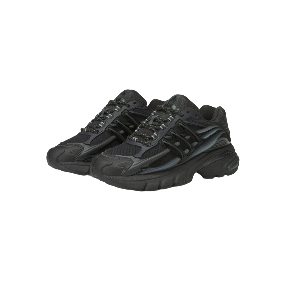 Pair of black Adidas Adistar Jellyfish sneakers shown at a front-angled view, featuring raised black stripes, chunky ridged midsoles, and dark reflective lace details.