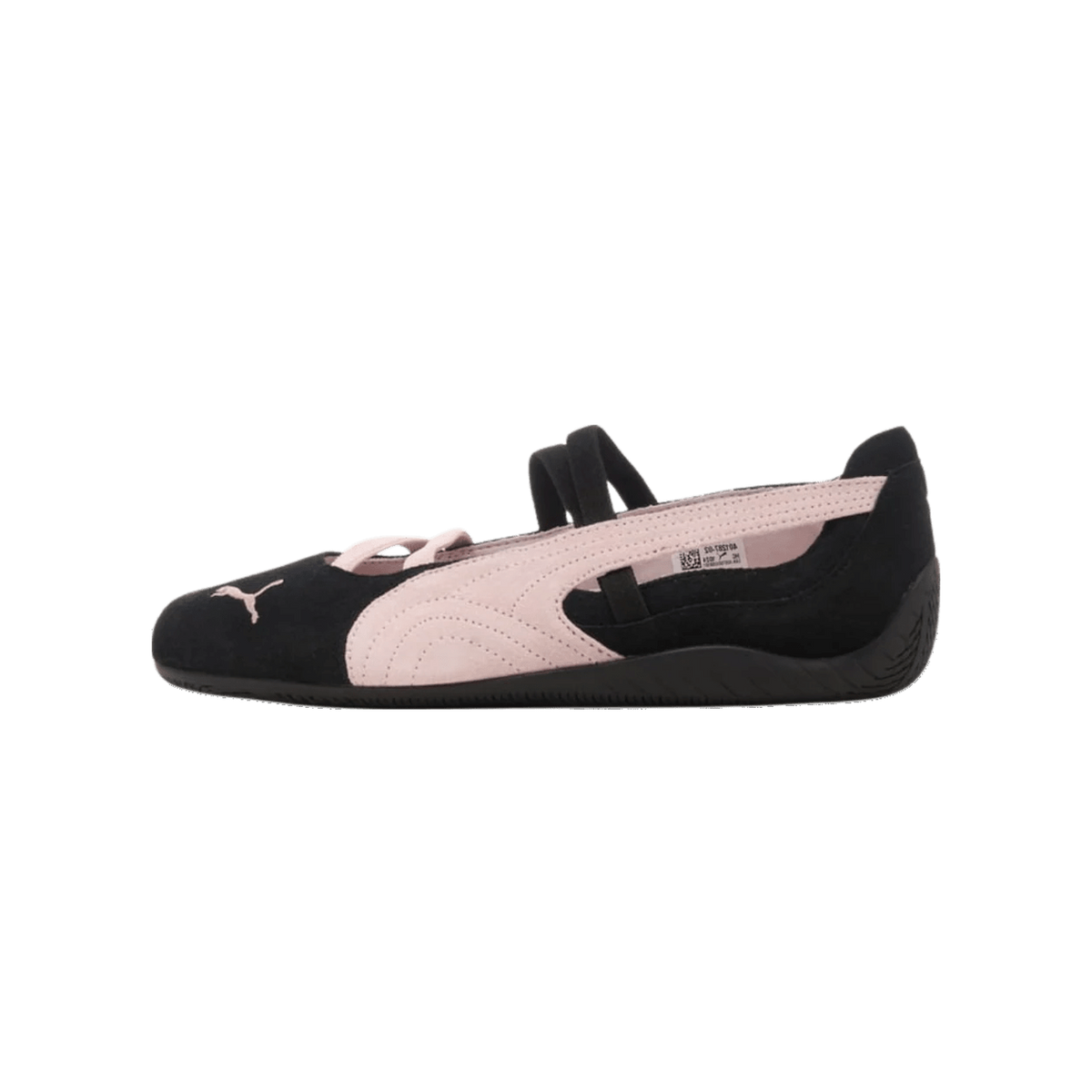 Side view of a black Puma Speedcat ballet flat with pink panel and strap detailing, facing left with visible Puma logo on the toe