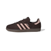 Side view of a brown Adidas Samba OG sneaker with pink suede stripes, pink heel tab, white Samba text on the quarter panel, and a gum outsole.