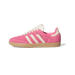Side view of a pink suede Adidas Samba sneaker with cream cracked-texture stripes, cream laces, and a gum rubber sole.
