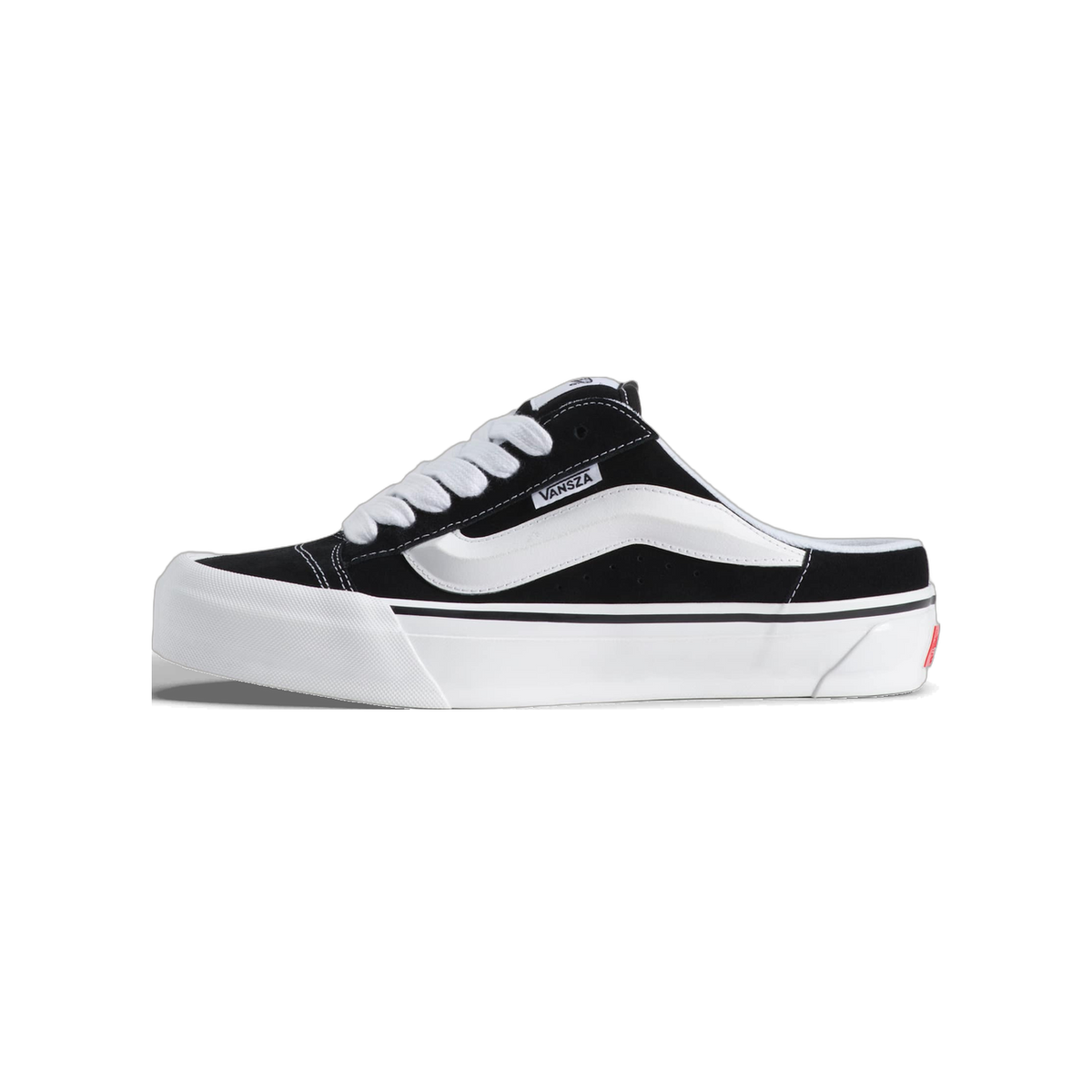 Side view of a black suede Vans SZA Knu Skool mule slip-on with white laces, white side stripe, and white sole, toe pointing left