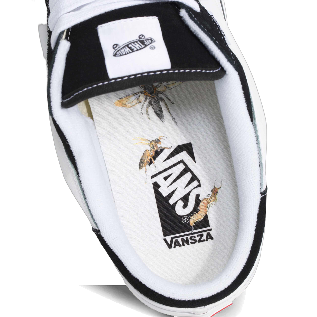 Close-up of the black and white Vans SZA Knu Skool mule showing the insole printed with insect illustrations and the Vansza logo inside the shoe.