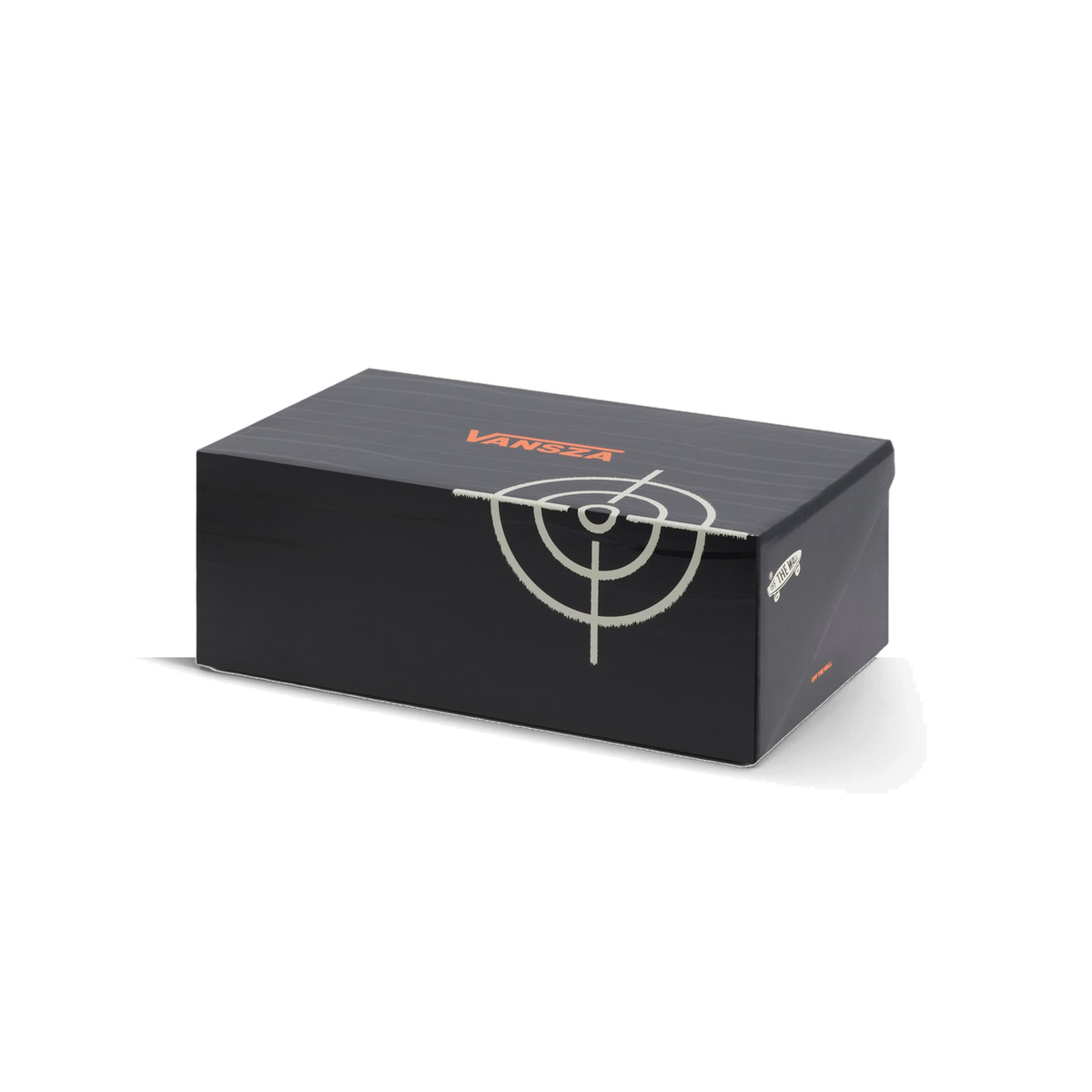 Black Vansza shoebox with an orange logo and a grey target graphic on the side, shown at an angle.