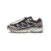 Side view of a dark brown Salomon XT-6 trail running shoe with silver overlays, toggle laces, and a cream and grey sole, toe pointing left.