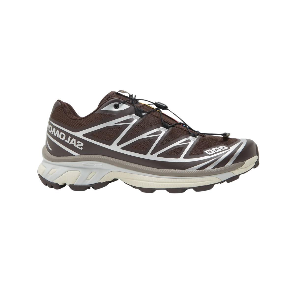 Side view of a brown Salomon XT-6 trail sneaker with silver overlays, speed-lace system, and a cream and grey outsole, toe pointing right