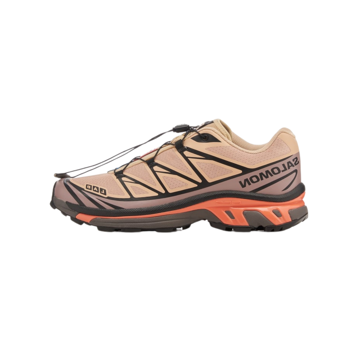 Right-side view of a tan and beige Salomon XT-6 sneaker with black lace cage overlays, grey midsole and orange accents on the outsole.