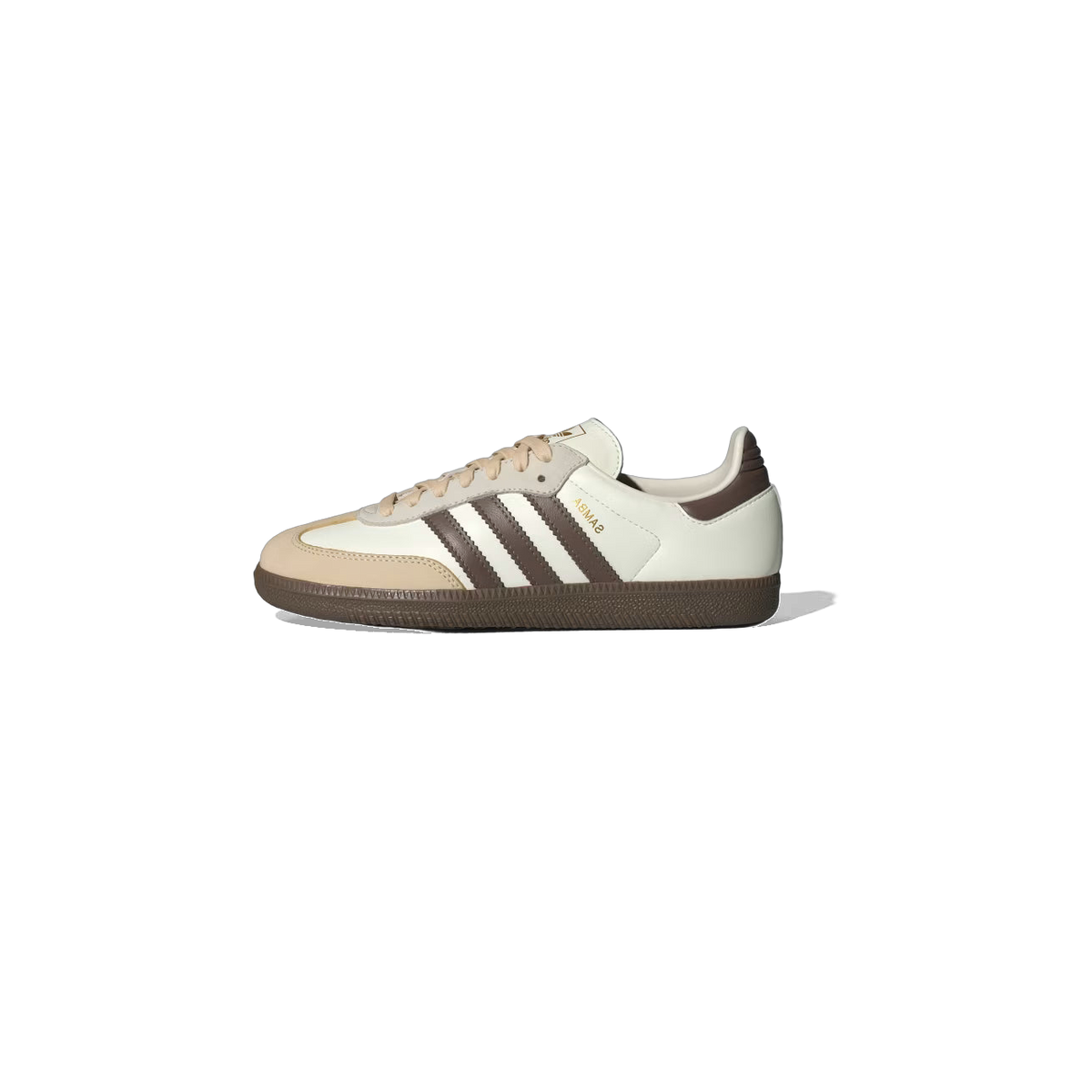 Side view of an off-white Adidas Samba OG sneaker with brown three-stripe overlays, brown heel patch, tan suede accents, and gum rubber sole.