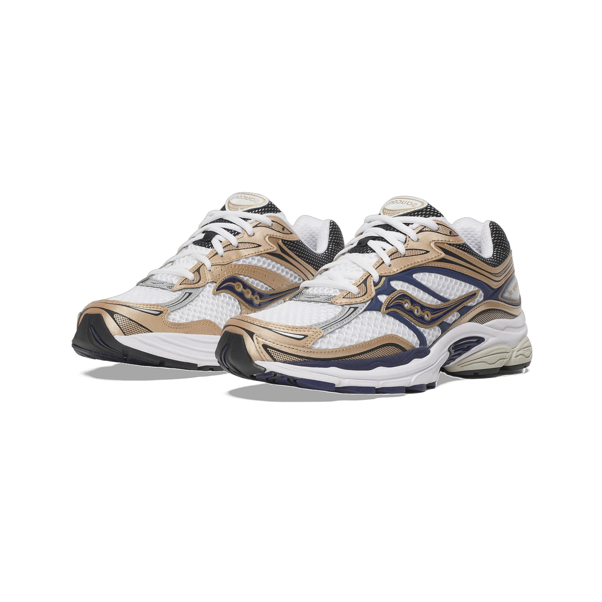 Pair of Saucony ProGrid Omni 9 running shoes in white with gold and navy accents, shown at an angled front view.