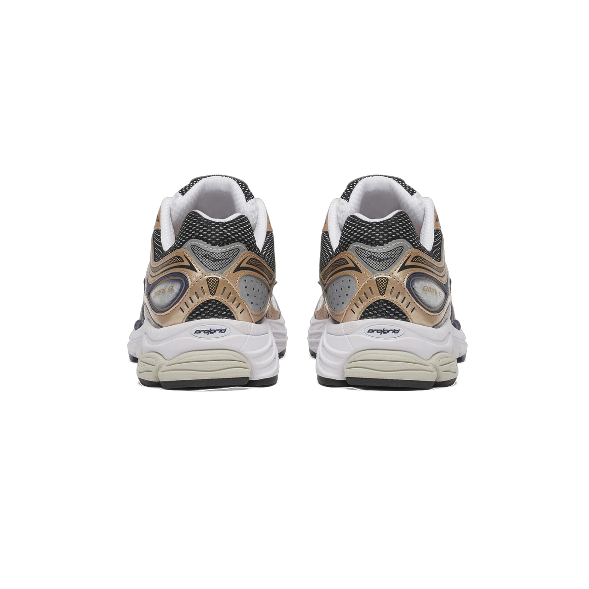 Rear view of a pair of Saucony ProGrid Omni 9 sneakers showing white midsoles, gold and black heel panels, and OMNI 9 branding on the heel