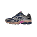 Lateral view of a navy blue mesh running shoe with silver overlays, pink accents, and a tan and navy midsole