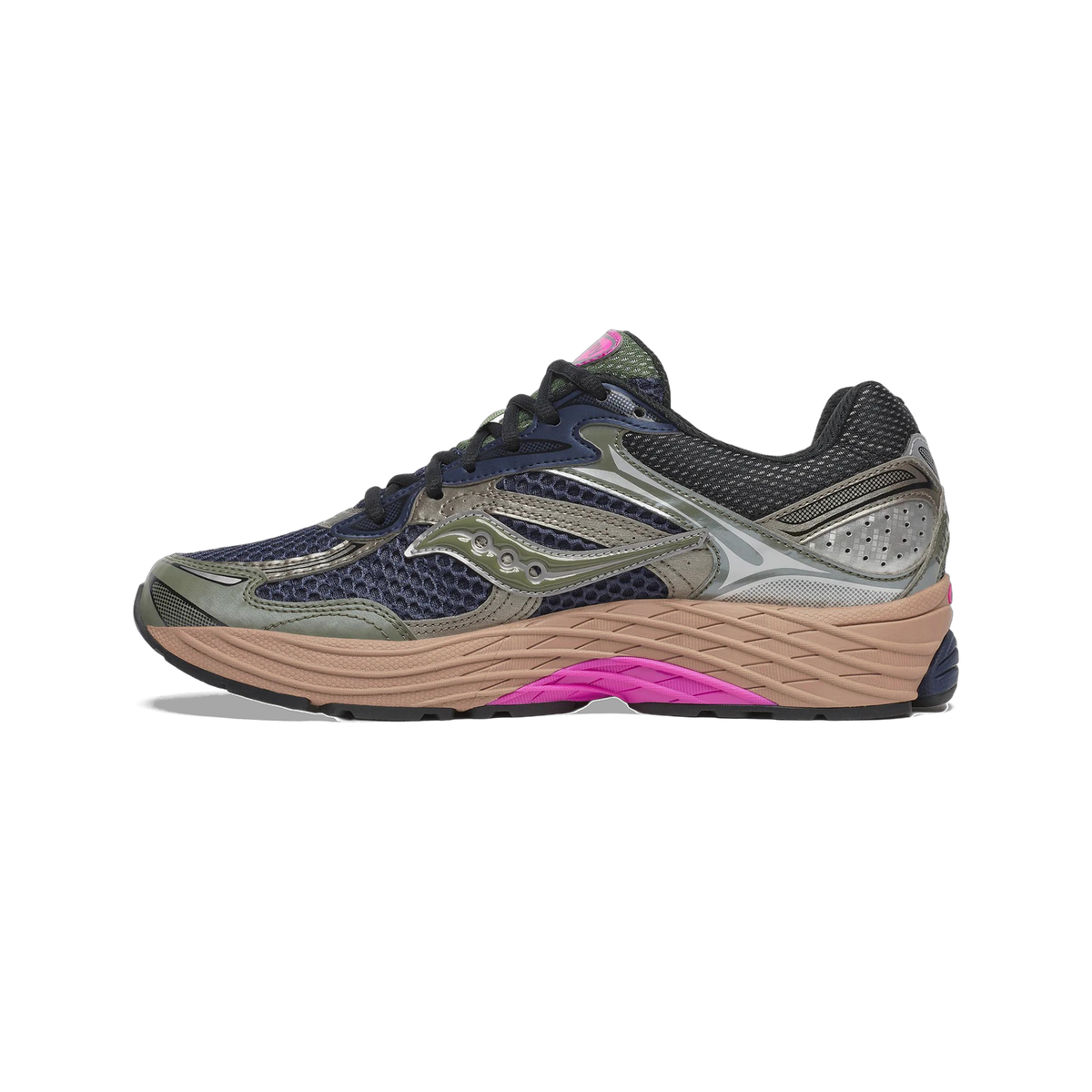 Side view of a Saucony ProGrid Omni 9 sneaker with navy and black mesh upper, olive green overlays, tan midsole, and pink accents, toe pointing left.