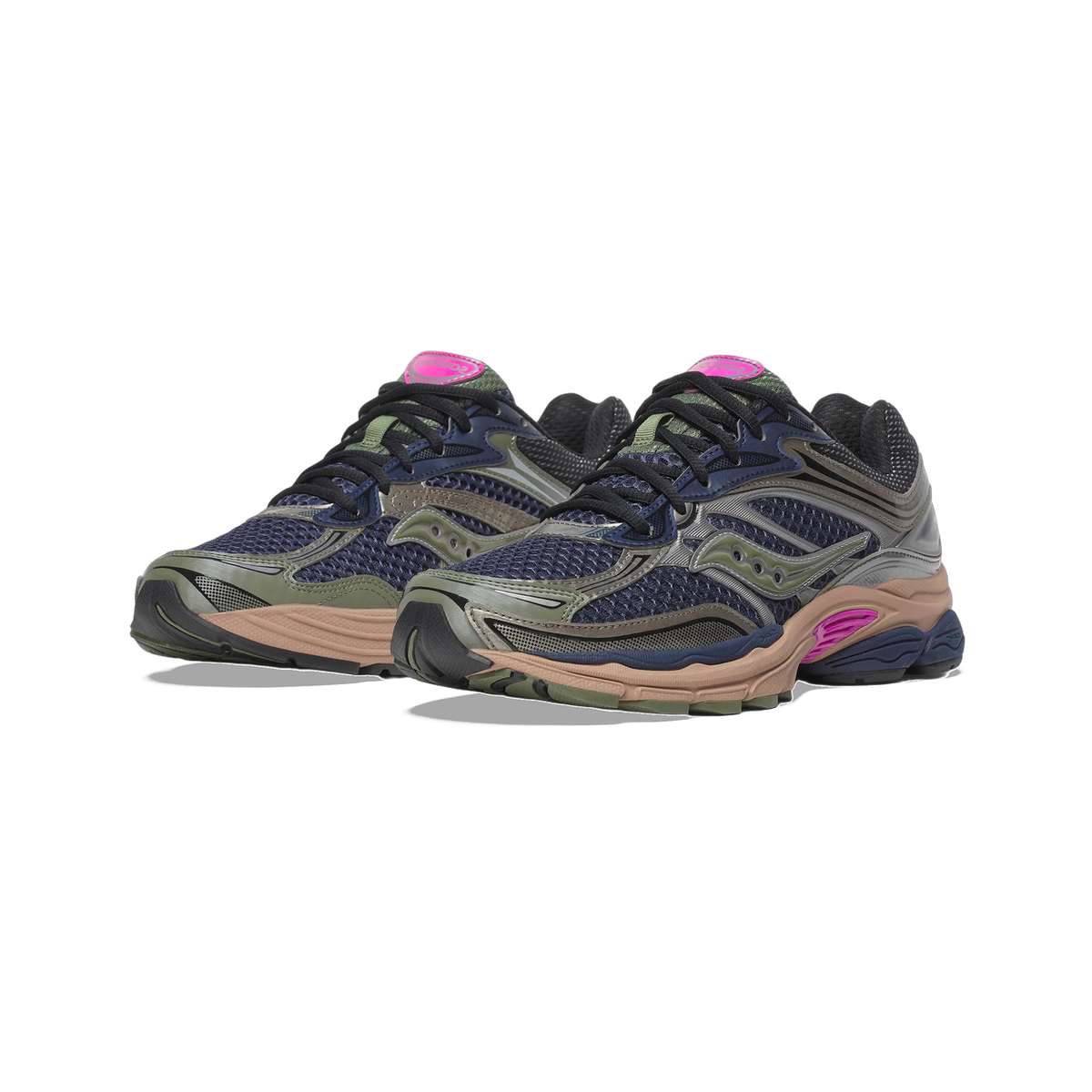 Pair of Saucony ProGrid Omni 9 running shoes in navy mesh with olive green overlays, black laces, pink heel accents, and a tan and navy midsole, angled toward the front.