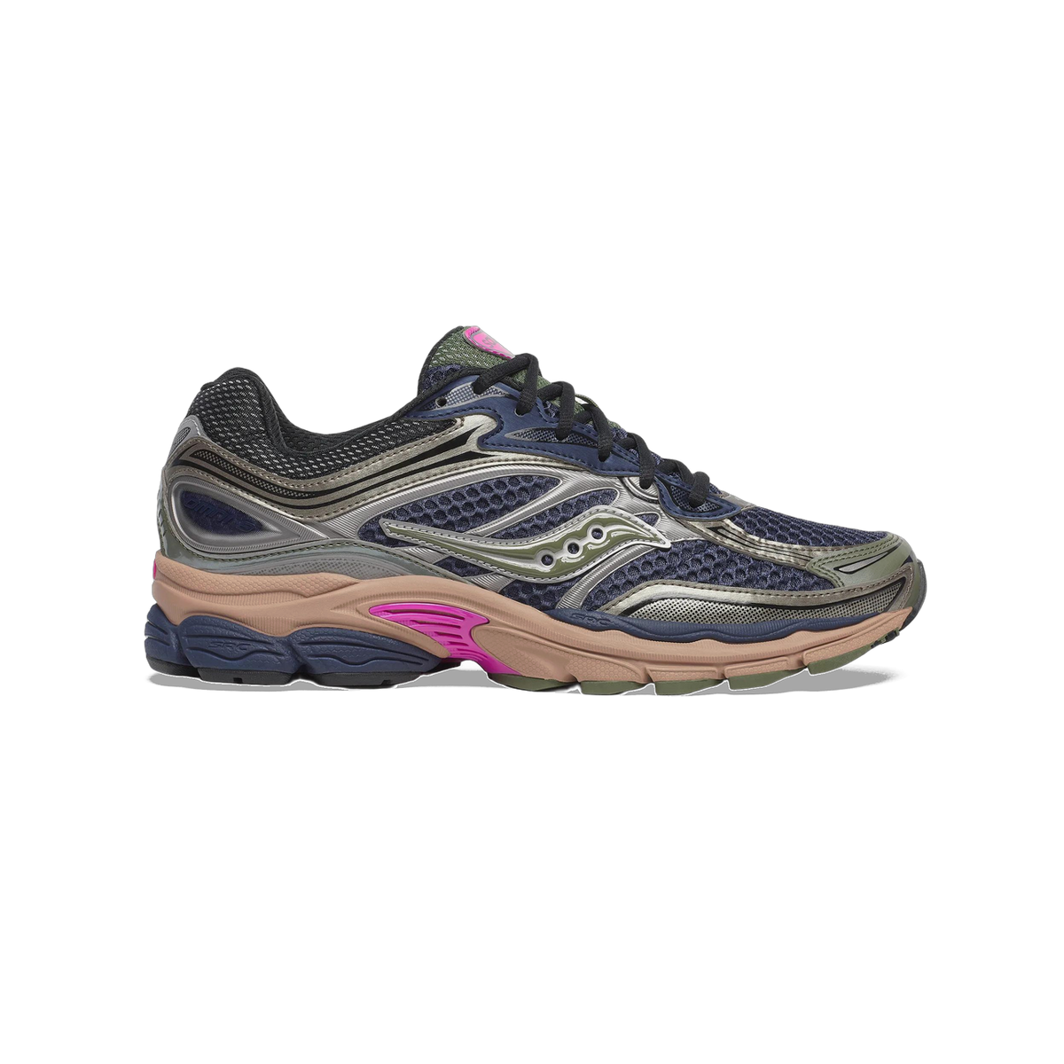 Left Saucony ProGrid Omni 9 sneaker shown from the outside, with navy mesh upper, silver overlays, olive accents, and a tan and pink midsole