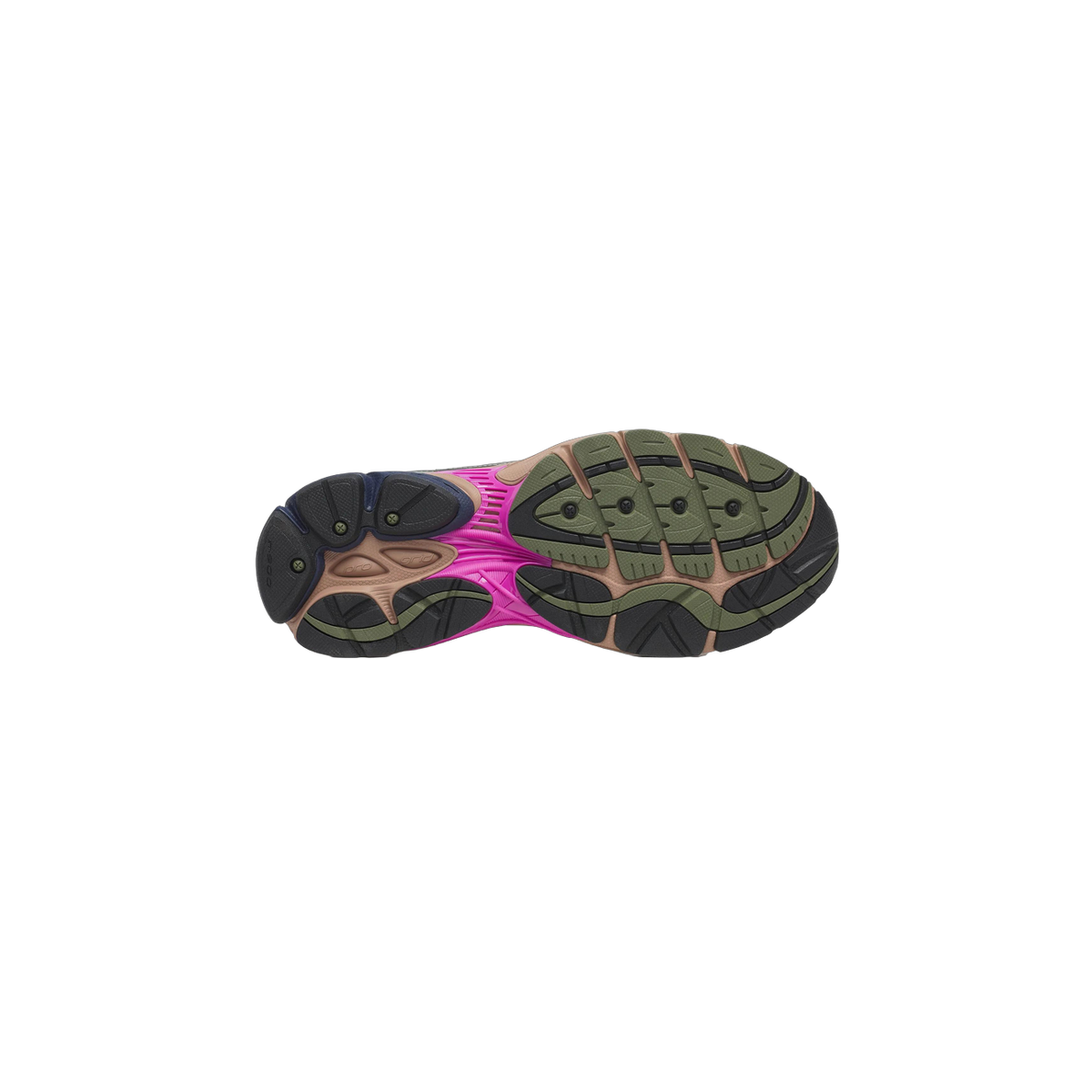 Bottom view of a Saucony ProGrid Omni 9 sneaker outsole showing an olive green, black, tan, magenta, and navy tread pattern with ProGrid branding.
