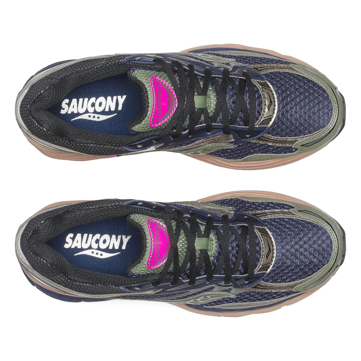 Top-down view of a pair of Saucony ProGrid Omni 9 sneakers in navy mesh with olive green overlays, black laces, pink heel accents, and tan outsoles, both toes pointing up with Saucony branding visible on the navy insoles