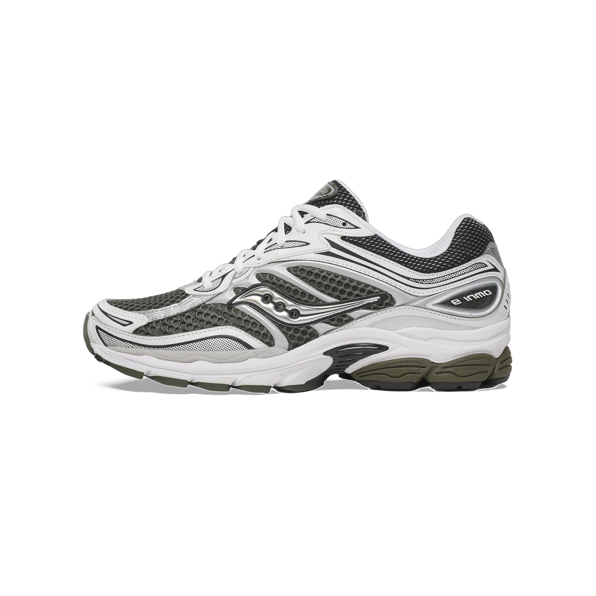 Side view of a Saucony OG ProGrid Omni 9 sneaker in white, silver, and dark olive with mesh panels and an olive-white midsole.