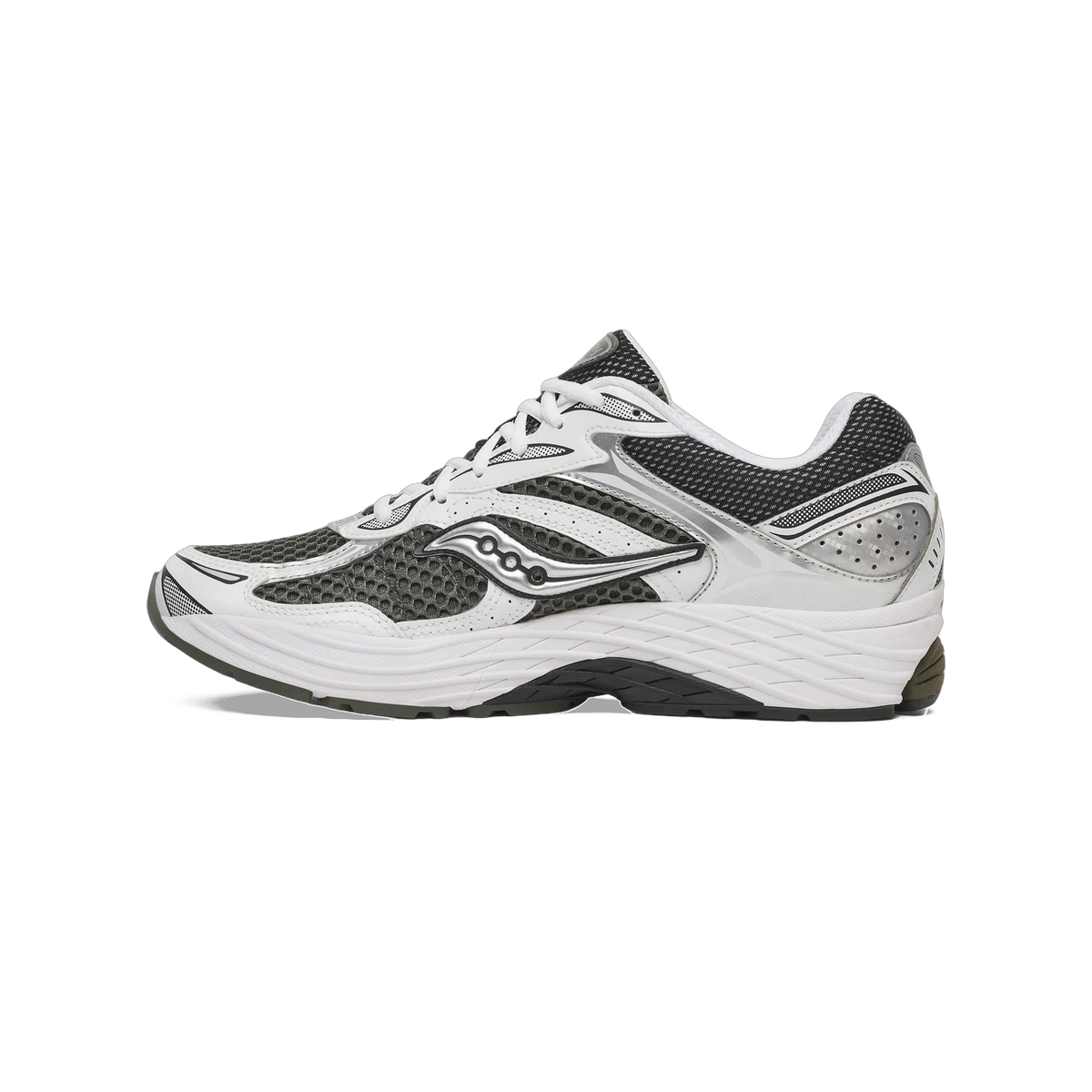 Side view of a Saucony ProGrid Omni 9 running shoe in gray mesh and white with a silver logo and thick white midsole