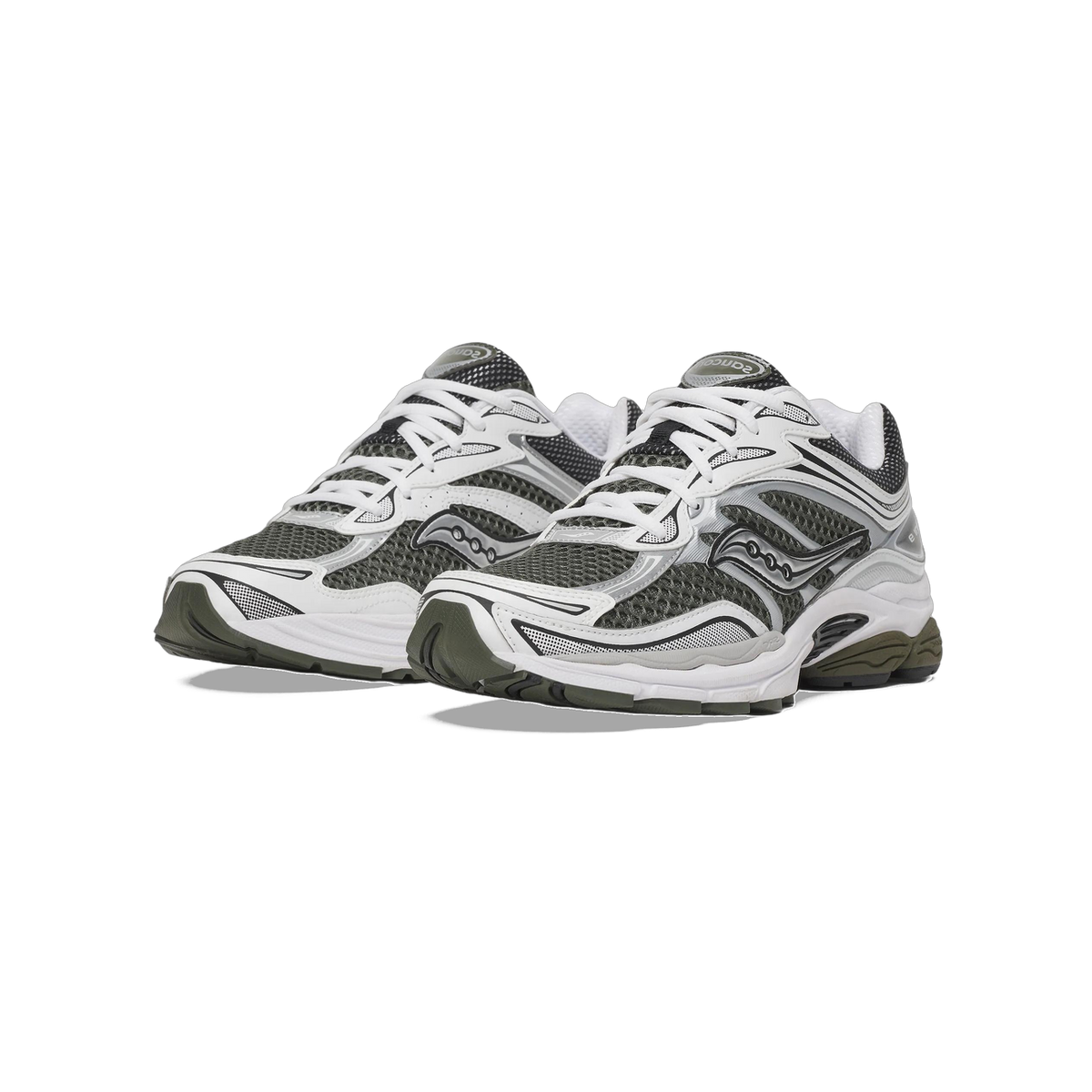 Pair of Saucony ProGrid Omni 9 sneakers in olive green and white mesh with silver accents and white laces, shown at an angled front view.