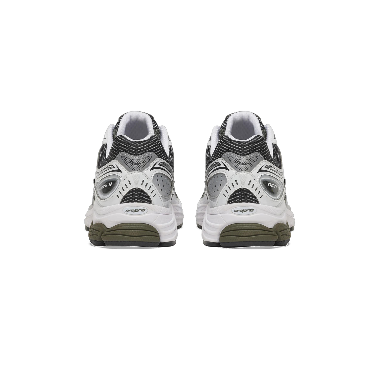 Rear view of a pair of gray and white Saucony ProGrid Omni 9 sneakers showing the heel pull tabs, Omni 9 branding, and olive-green midsole.