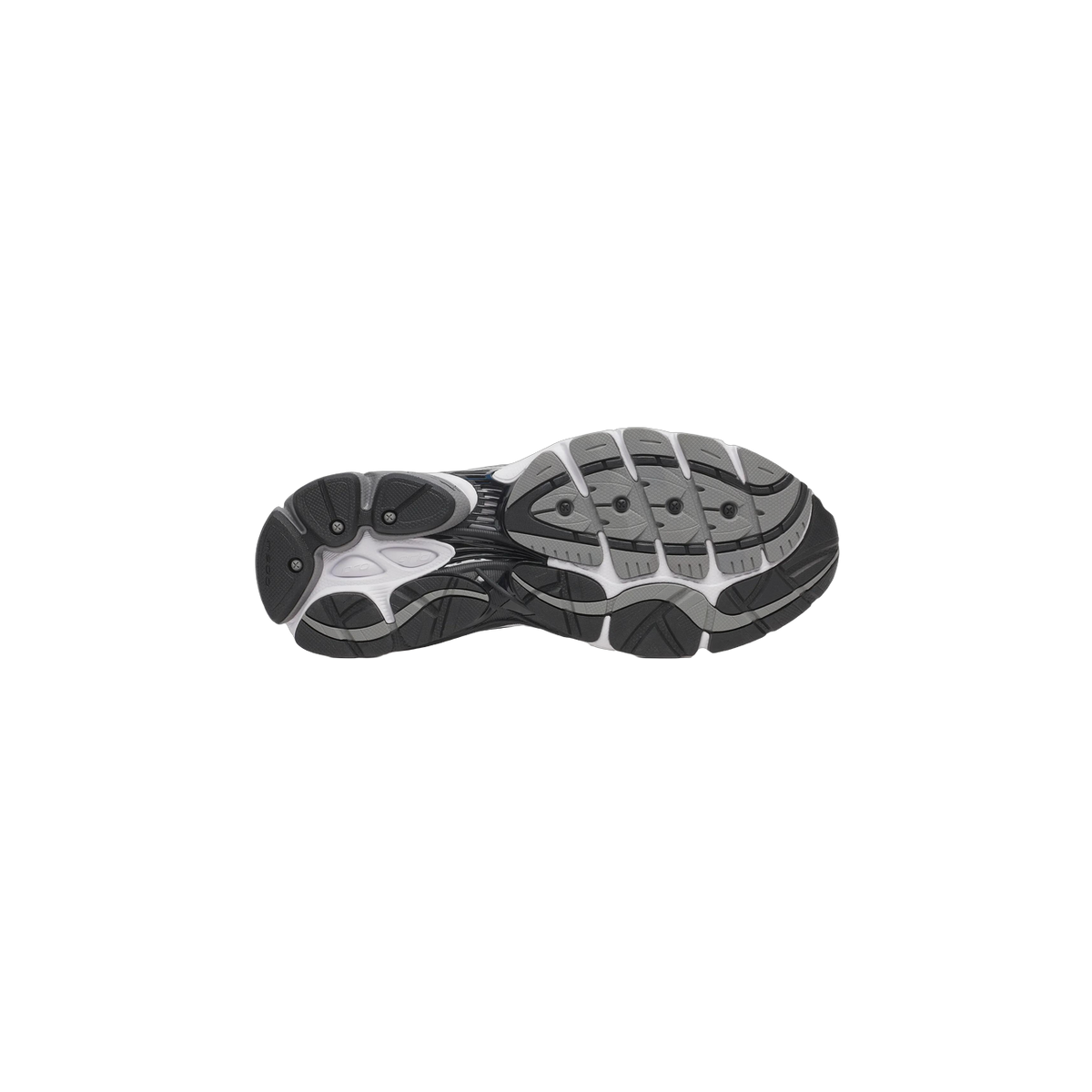 Bottom view of a single Saucony OG ProGrid Omni 9 sneaker showing the black and gray segmented outsole tread pattern.
