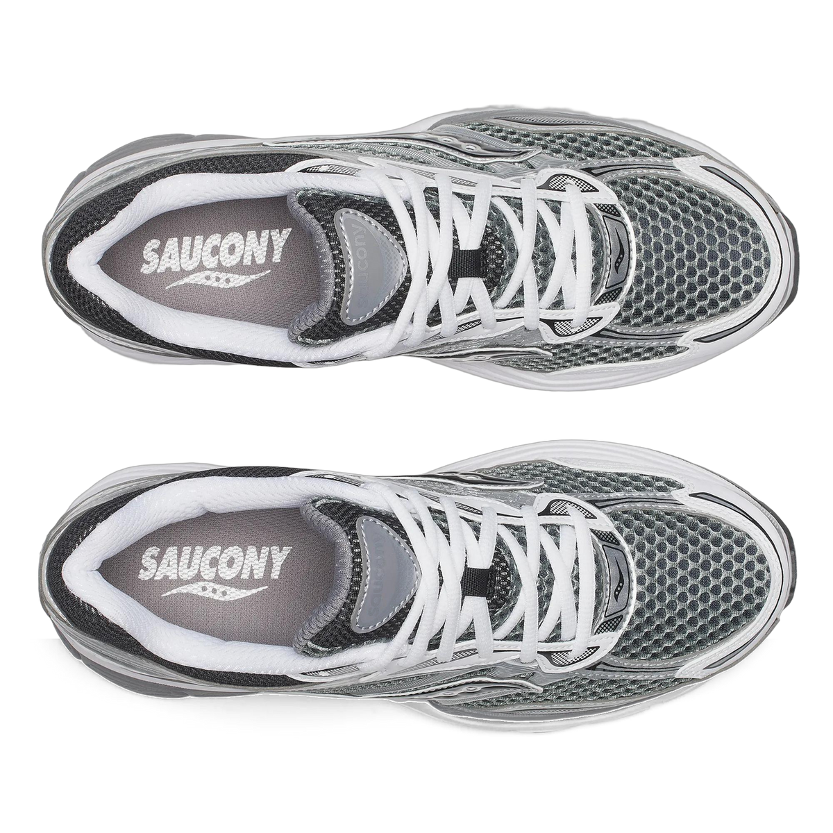 Top-down view of a pair of grey and black Saucony ProGrid Omni 9 sneakers with white laces and branded grey insoles, toes pointing up and down