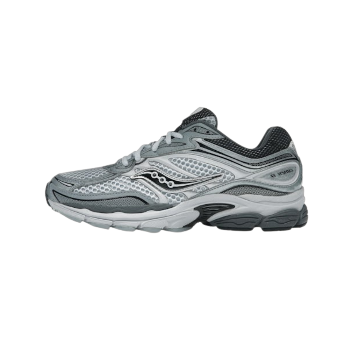 Lateral view of a gray, silver, and black Saucony ProGrid Omni 9 running shoe with mesh paneling and chunky sole.