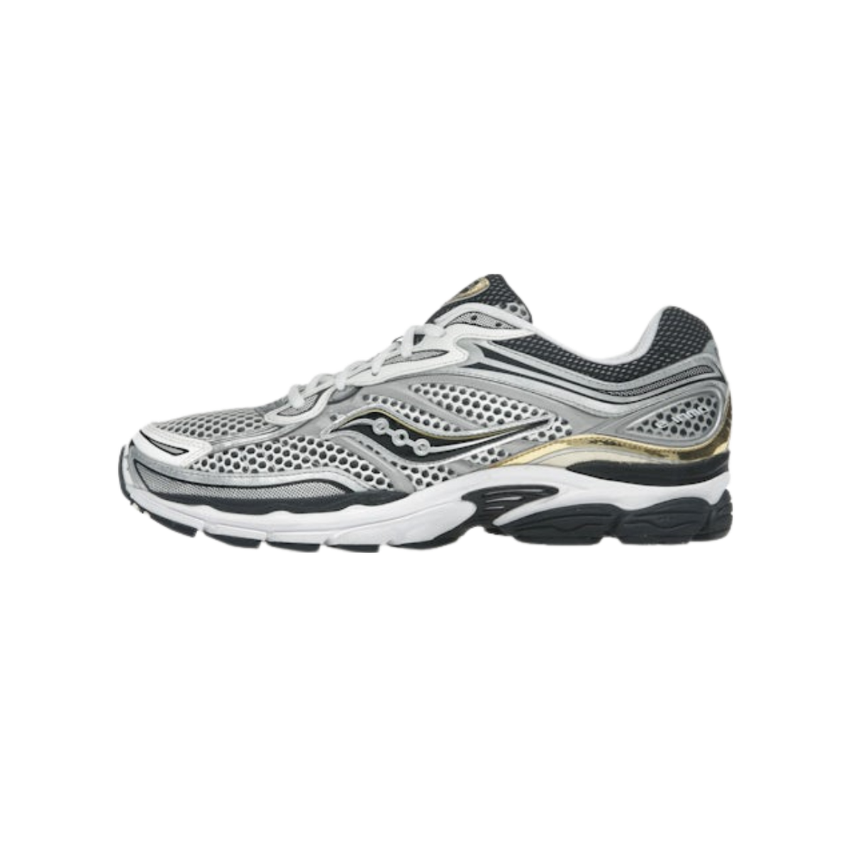Side view of a silver and black Saucony ProGrid Omni 9 running shoe with mesh upper, gold accent stripe, and white midsole with black outsole.
