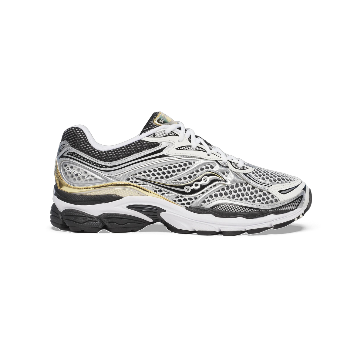 Side view of a Saucony ProGrid Omni 9 running shoe with silver mesh overlays, black mesh panels, gold trim accents, and a white midsole with black outsole, toe pointing left.