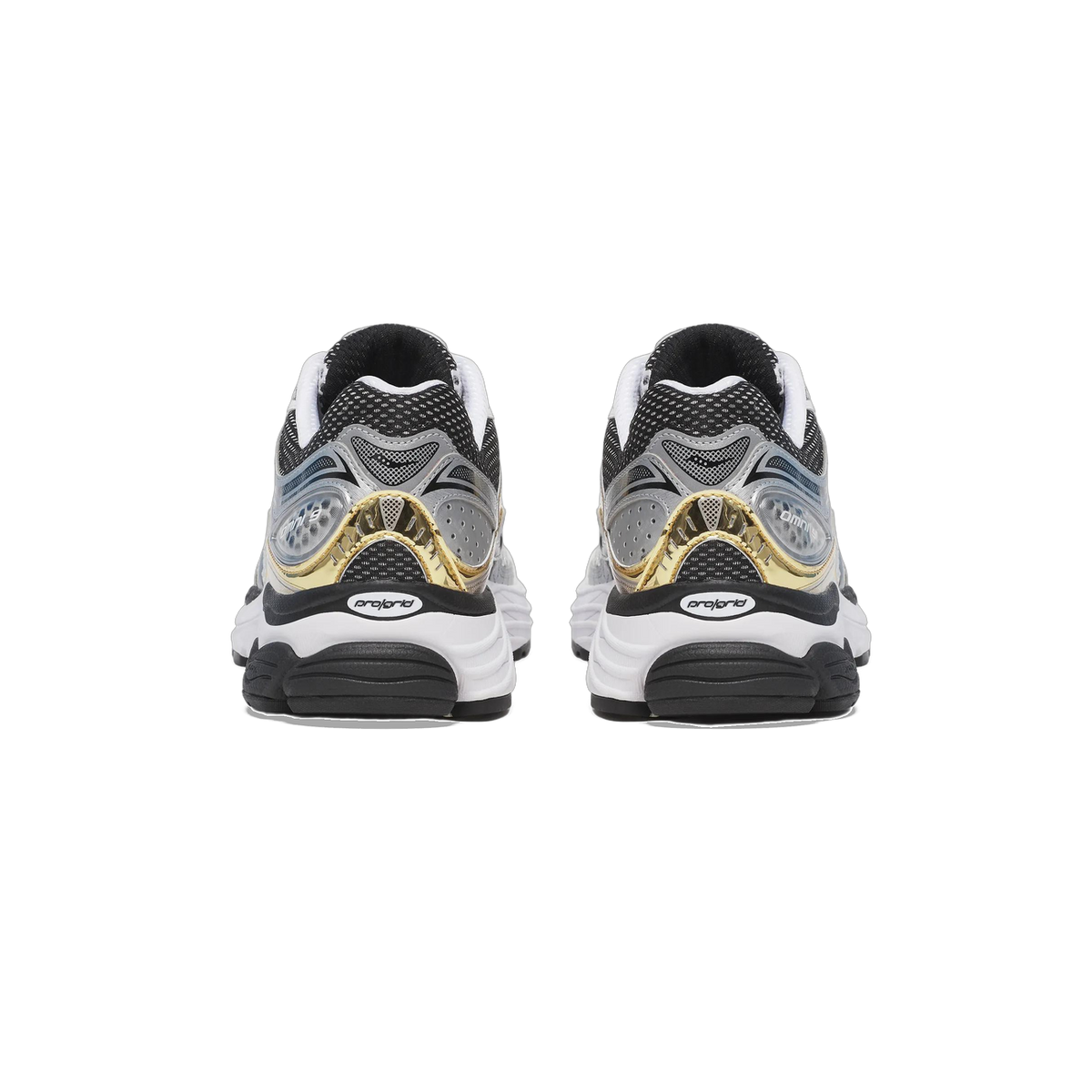 Rear view of a pair of Saucony ProGrid Omni 9 sneakers in black, silver and gold with white midsoles and black outsoles