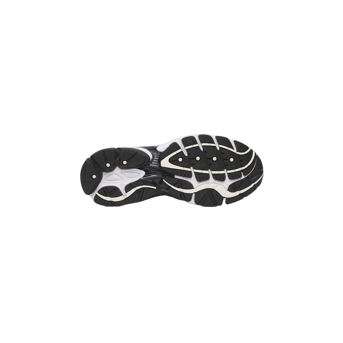 Bottom view of a Saucony ProGrid Omni 9 sneaker showing the black and cream outsole tread pattern with visible Grid branding