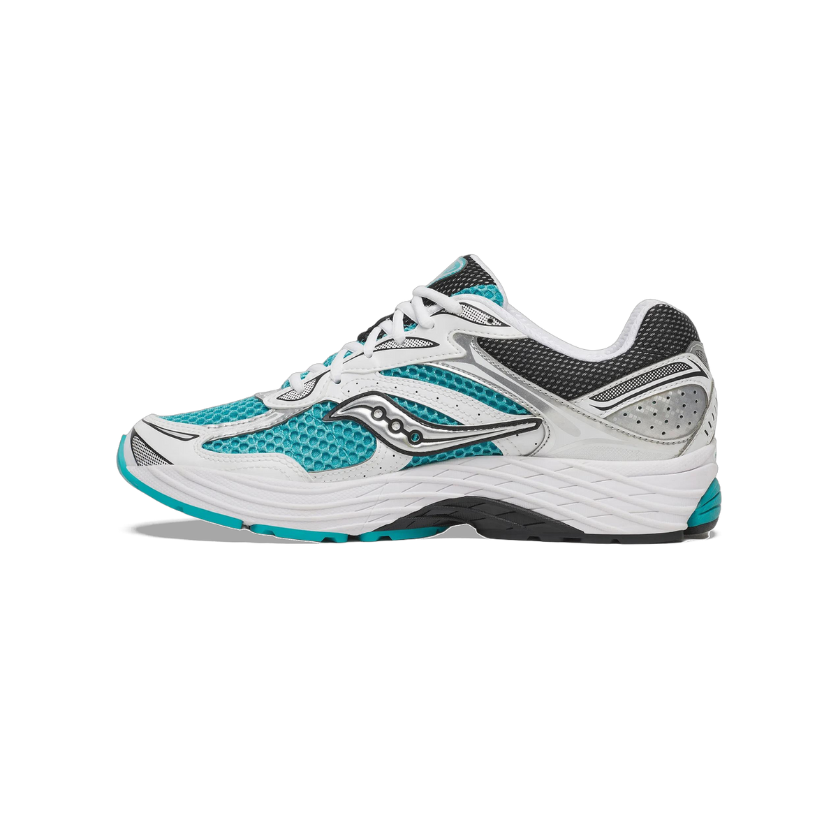 Medial side view of a Saucony ProGrid Omni 9 running shoe in turquoise, white, black and silver with a chunky white midsole and teal outsole accents