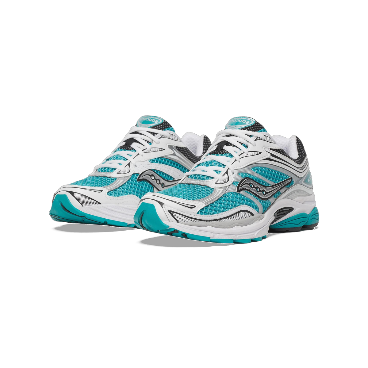 Pair of Saucony ProGrid Omni 9 running shoes in turquoise mesh with white, silver and black overlays, shown at a front-angled view.