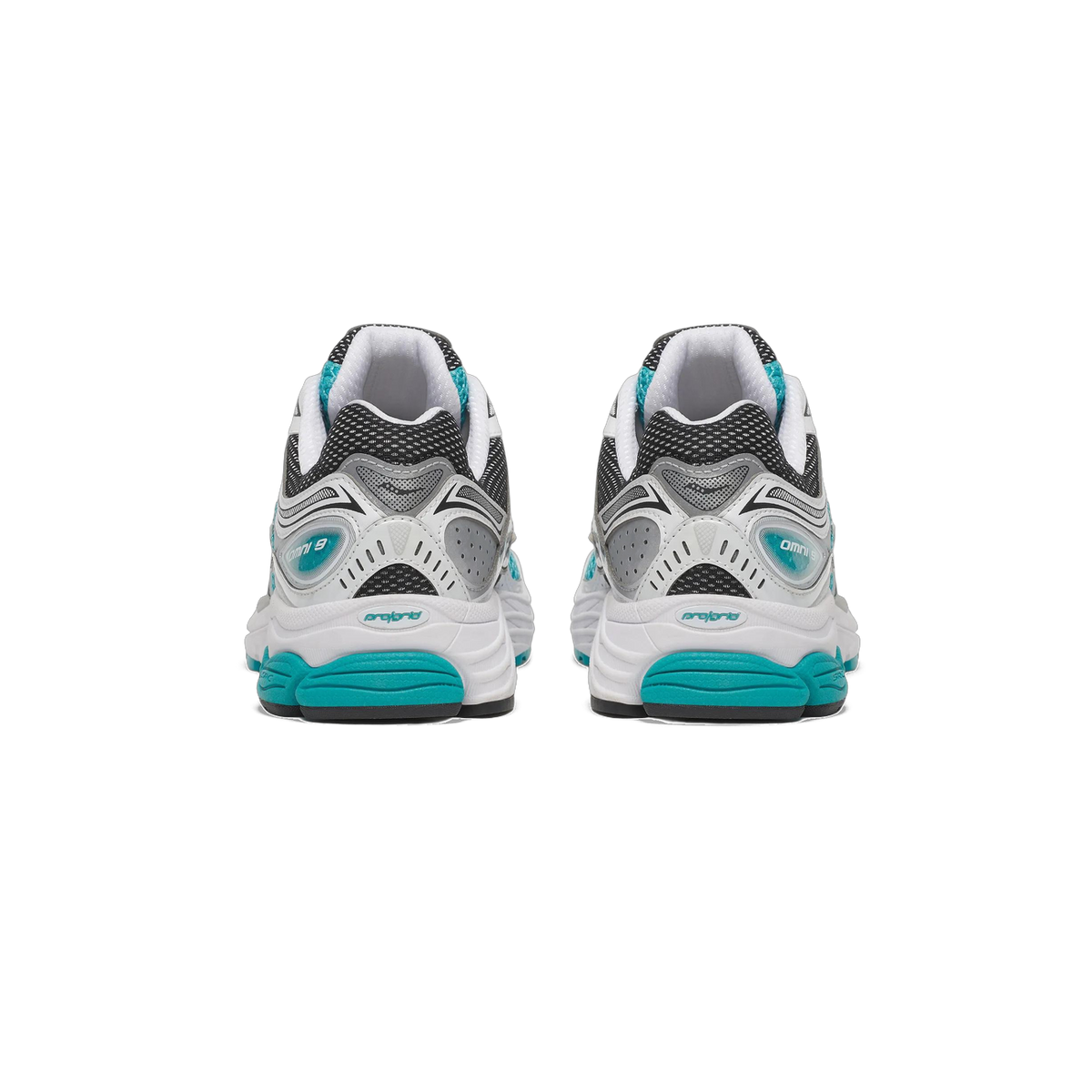 Rear view of a pair of Saucony ProGrid Omni 9 sneakers in white, grey and black with teal midsole and heel accents.