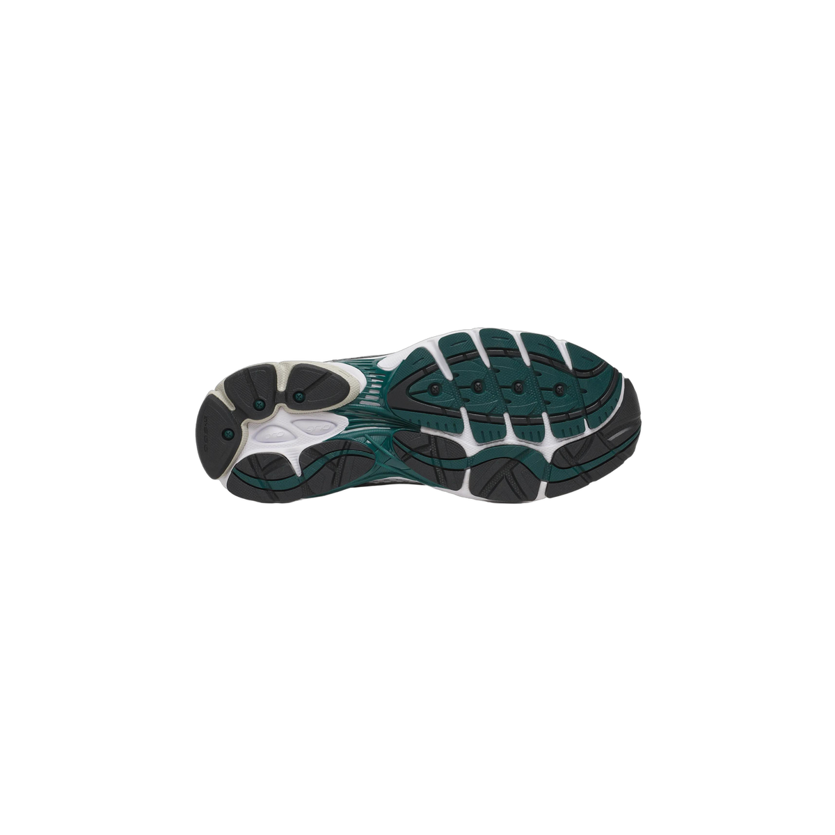 Underside of a Saucony running shoe showing a teal-green and black outsole with white midsole sections, a heel-to-toe tread pattern, and visible screw-like fixings on the sole.