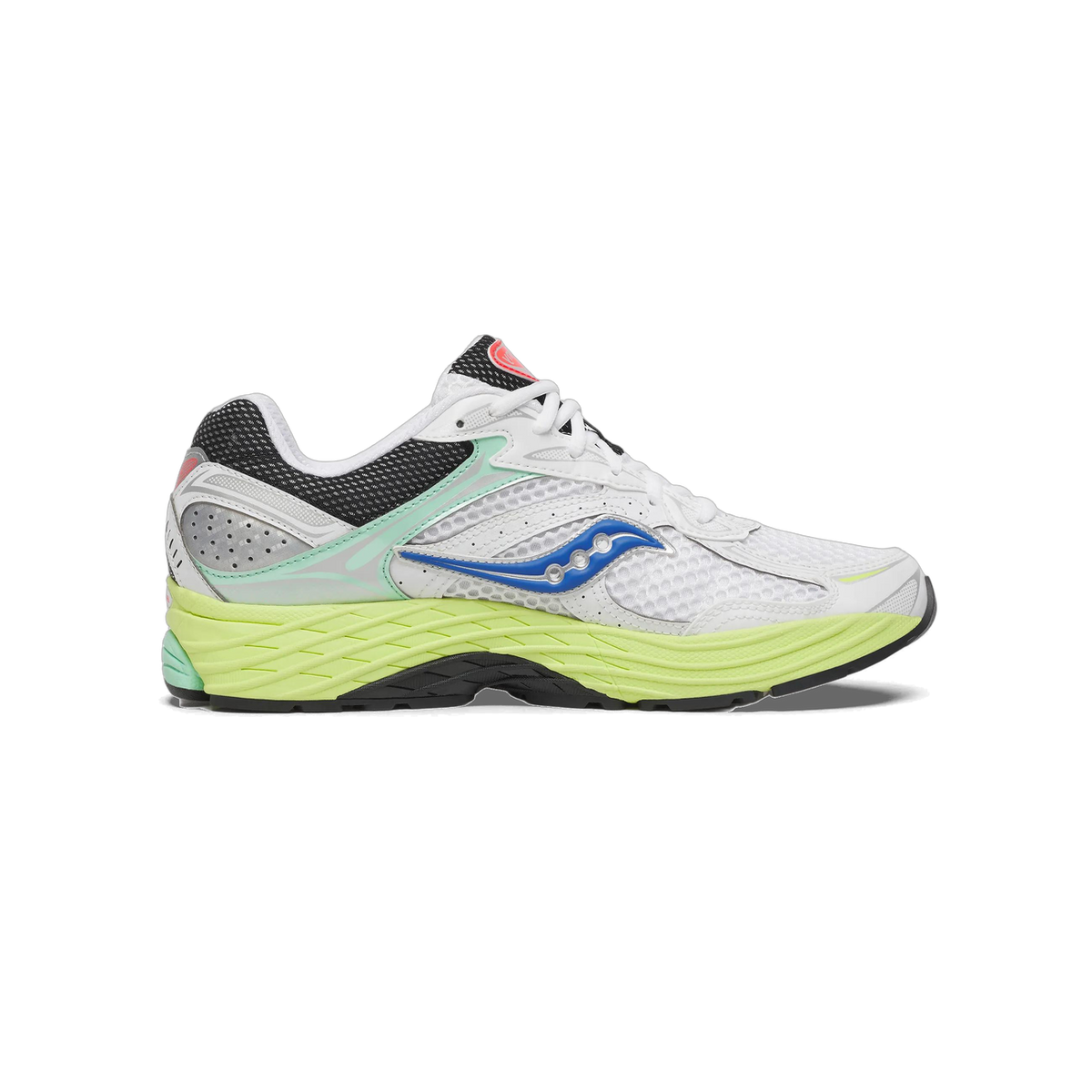 Side profile of a white Saucony running shoe with blue Saucony logo, mint green and black accents, and a lime-yellow midsole, toe pointing left.