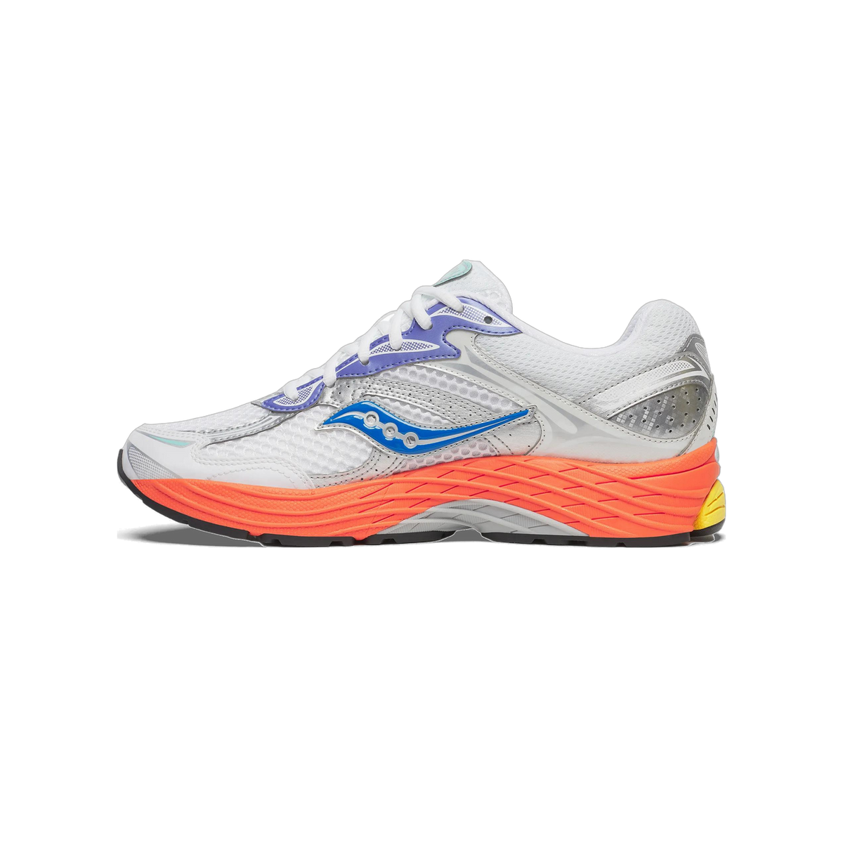 Side view of a white Saucony ProGrid Omni 9 sneaker with blue and purple accents and a bright orange midsole with a small yellow heel section.